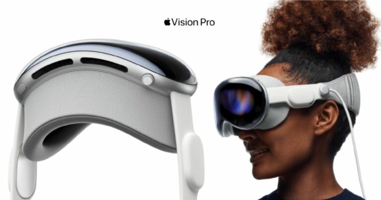 A lady in profile wears the Apple Vision Pro headset