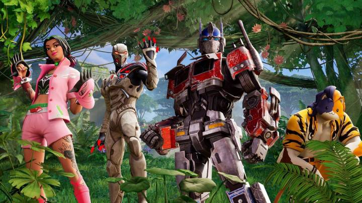 Personagens incluindo Optimus Prime de Fortnite.