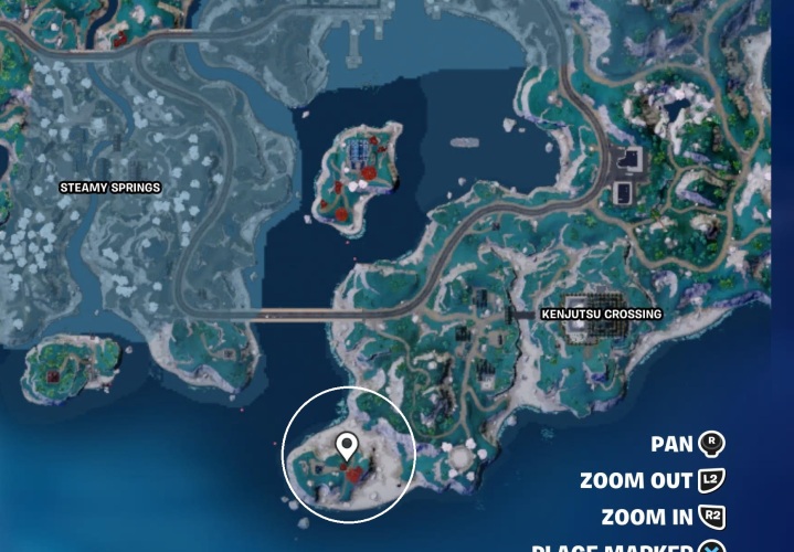 Marcador mostrando a localização de uma praia no mapa Fortnite