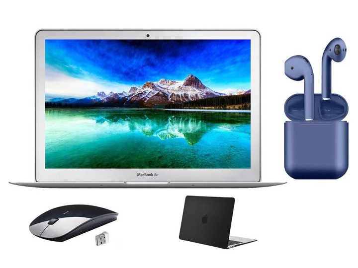 Apple MacBook Air e Airpods restaurados com mouse e caixa preta