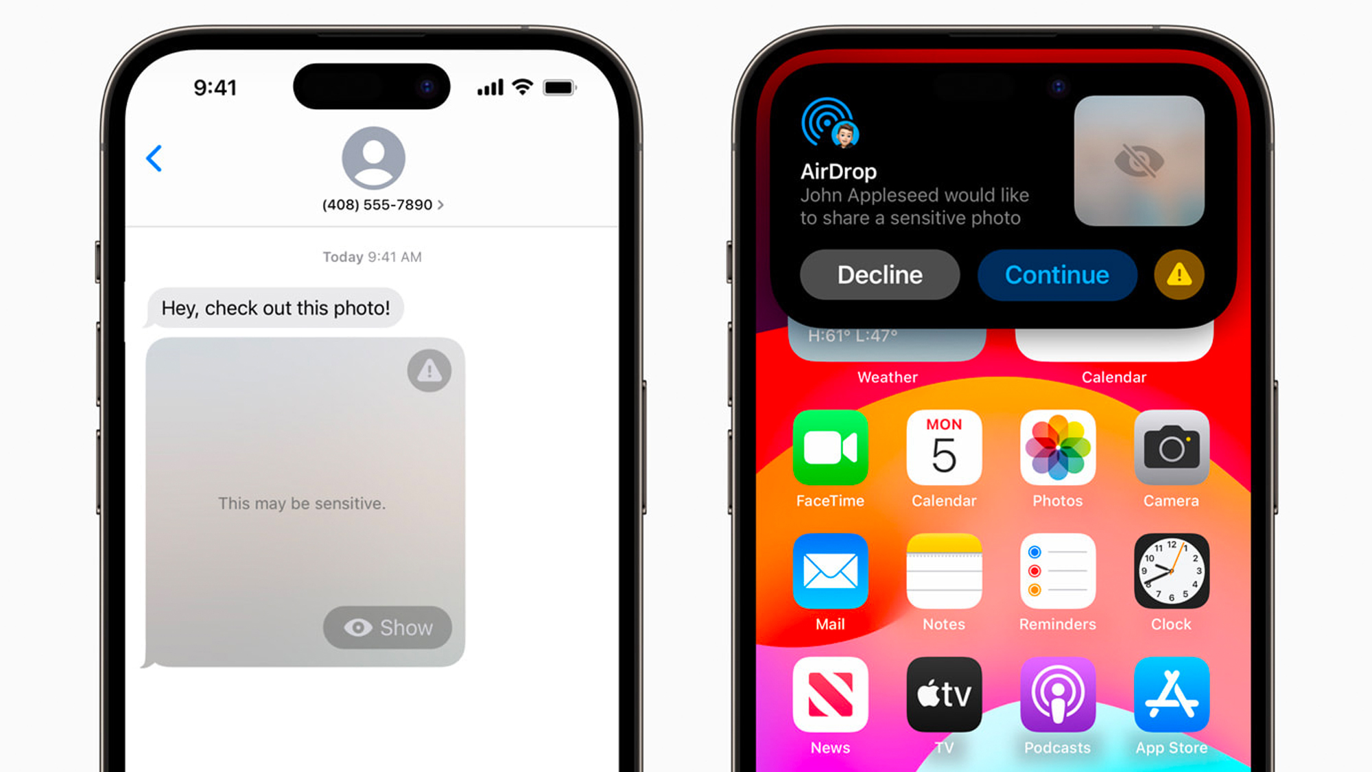 Capturas de tela recortadas do aviso de conteúdo confidencial do iOS 17 em ação