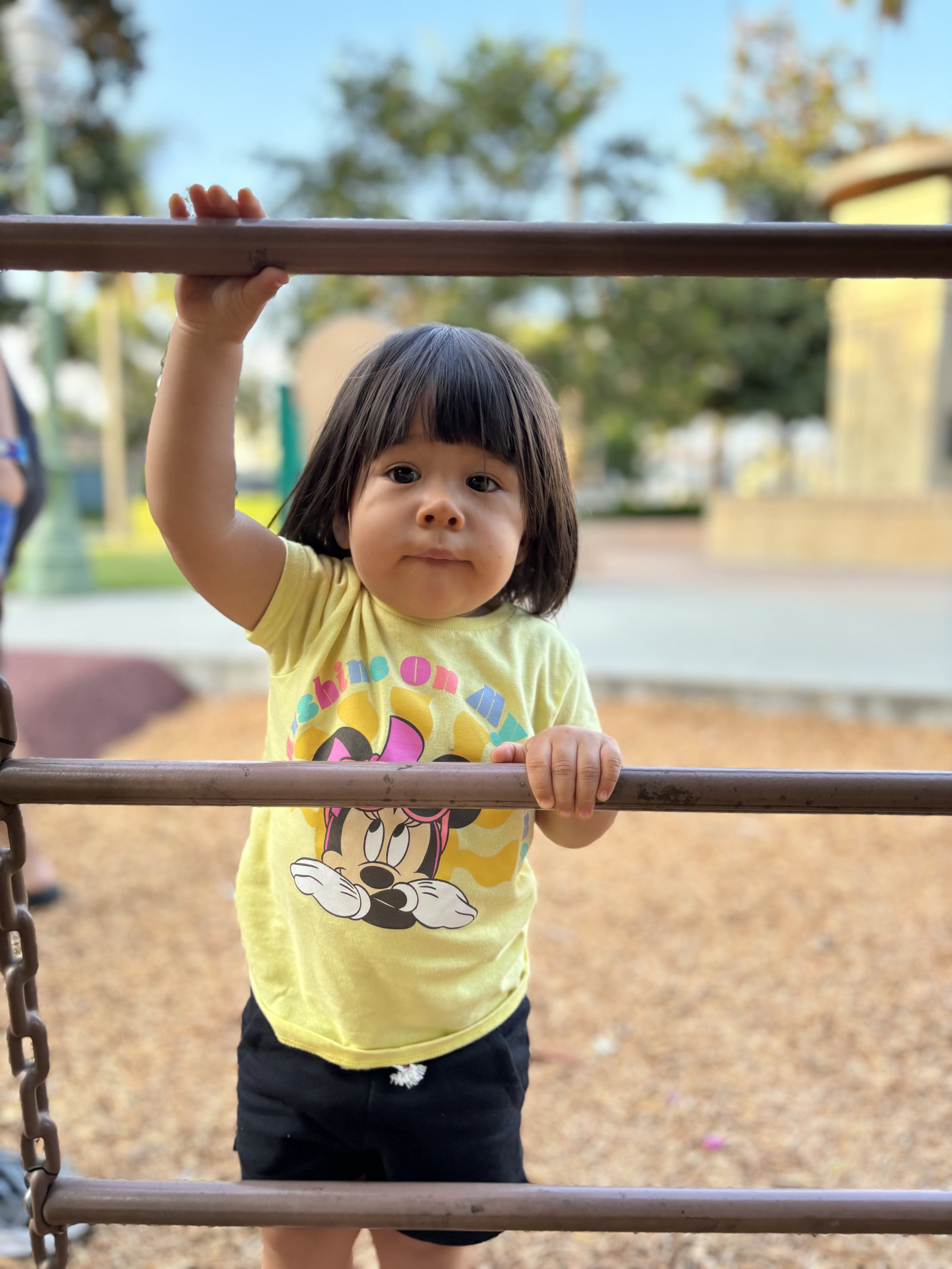 Criança no playground tirada com Retrato Automático no iPhone 15.