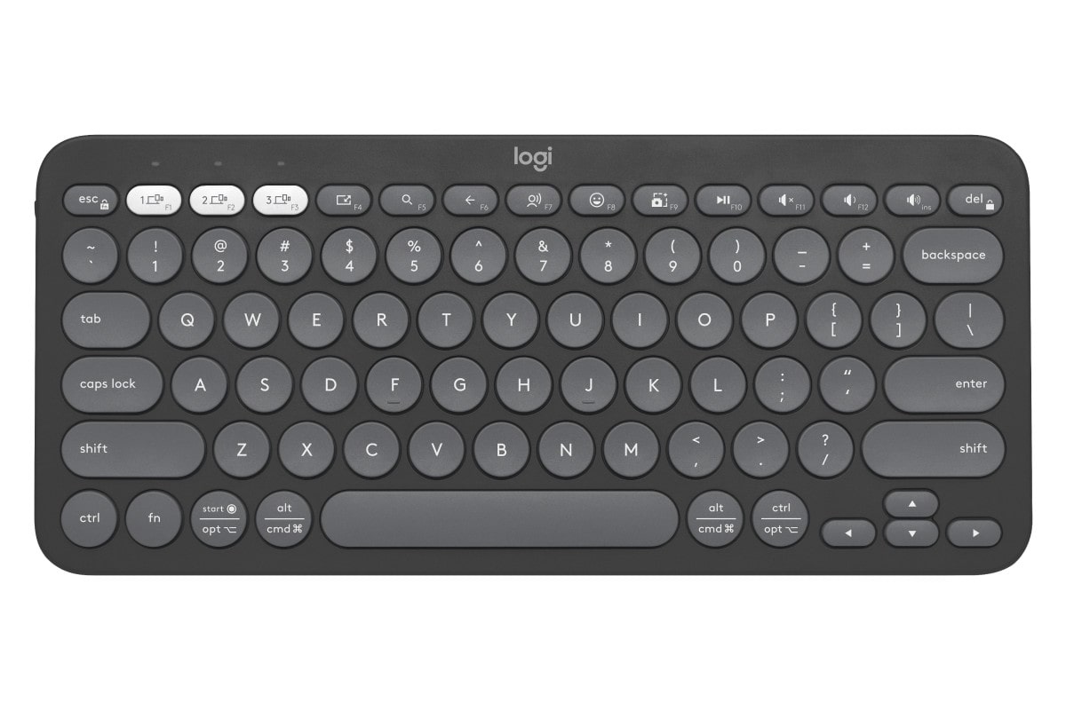 Teclado Logitech Pebble Keys 2 K380S em preto sobre fundo branco.