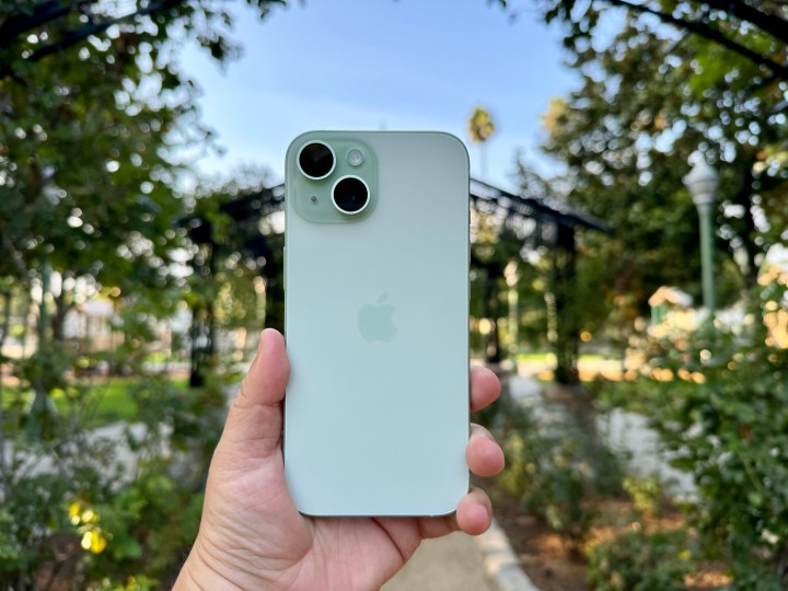 Segurando um iPhone 15 verde em um jardim de rosas.