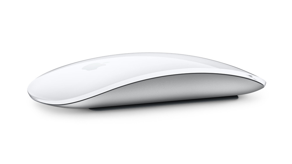 Magic Mouse 2 da Apple em branco, visto de lado em um fundo branco.