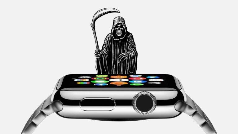 A picture of the Apple Watch with a grim reaper over it