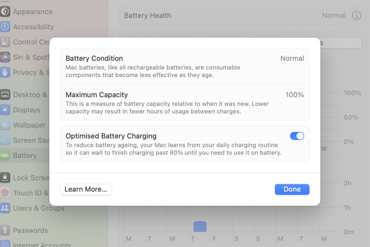 A tela de integridade da bateria no aplicativo Configurações do sistema do macOS Sonoma.