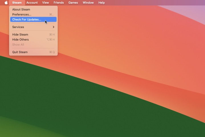 Um usuário selecionando a opção Verificar atualizações no item da barra de menu do Steam no macOS Sonoma.