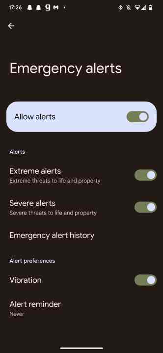 Tela de alertas âmbar do Android 13.