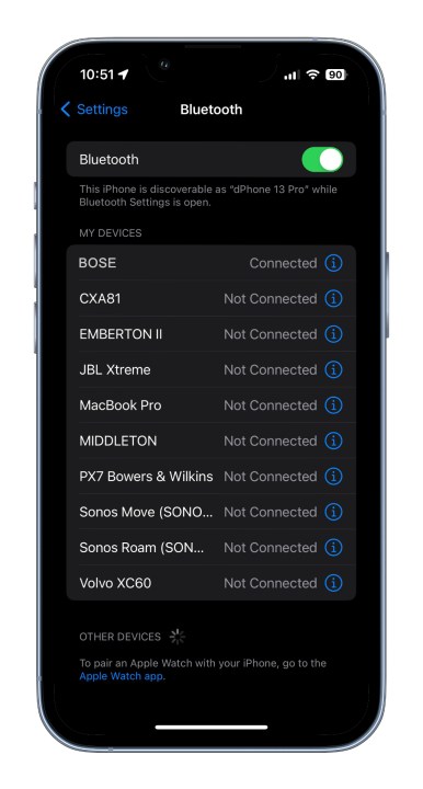 Configurações de Bluetooth em um iOS.