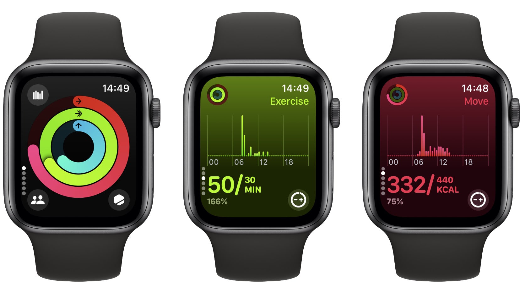 Três Apple Watches lado a lado, mostrando o app Fitness no watchOS 10.