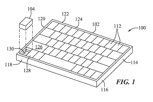 Uma ilustração de uma patente da Apple mostrando uma tecla removível do teclado que pode ser usada como mouse sem fio.