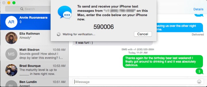 Tela de código de verificação para envio e recebimento de mensagens no macOS.