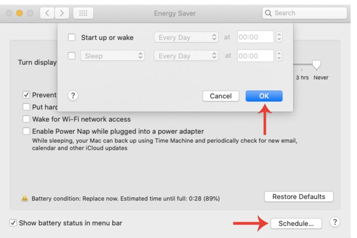 Desativando o recurso Agenda nas configurações de economia de energia do MacBook.