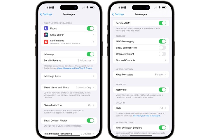 Configurações de iMessage e Enviar como SMS em um iPhone.