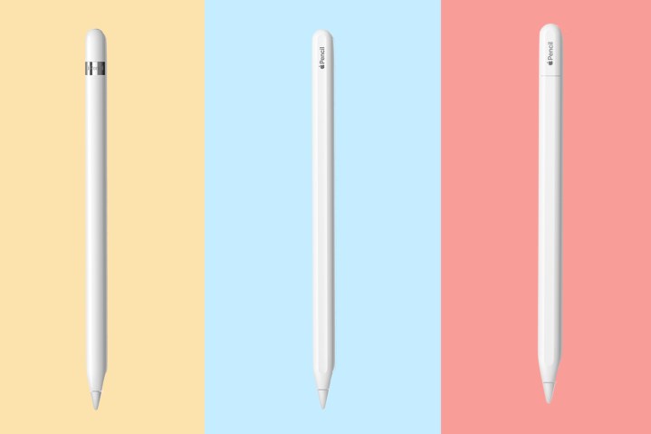 Todas as três versões do Apple Pencil alinhadas uma ao lado da outra.