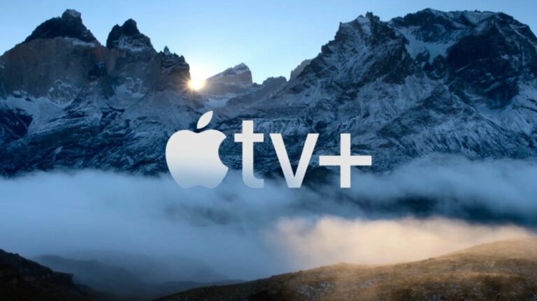 The Apple TV+ logo floating against a rocky mountain background