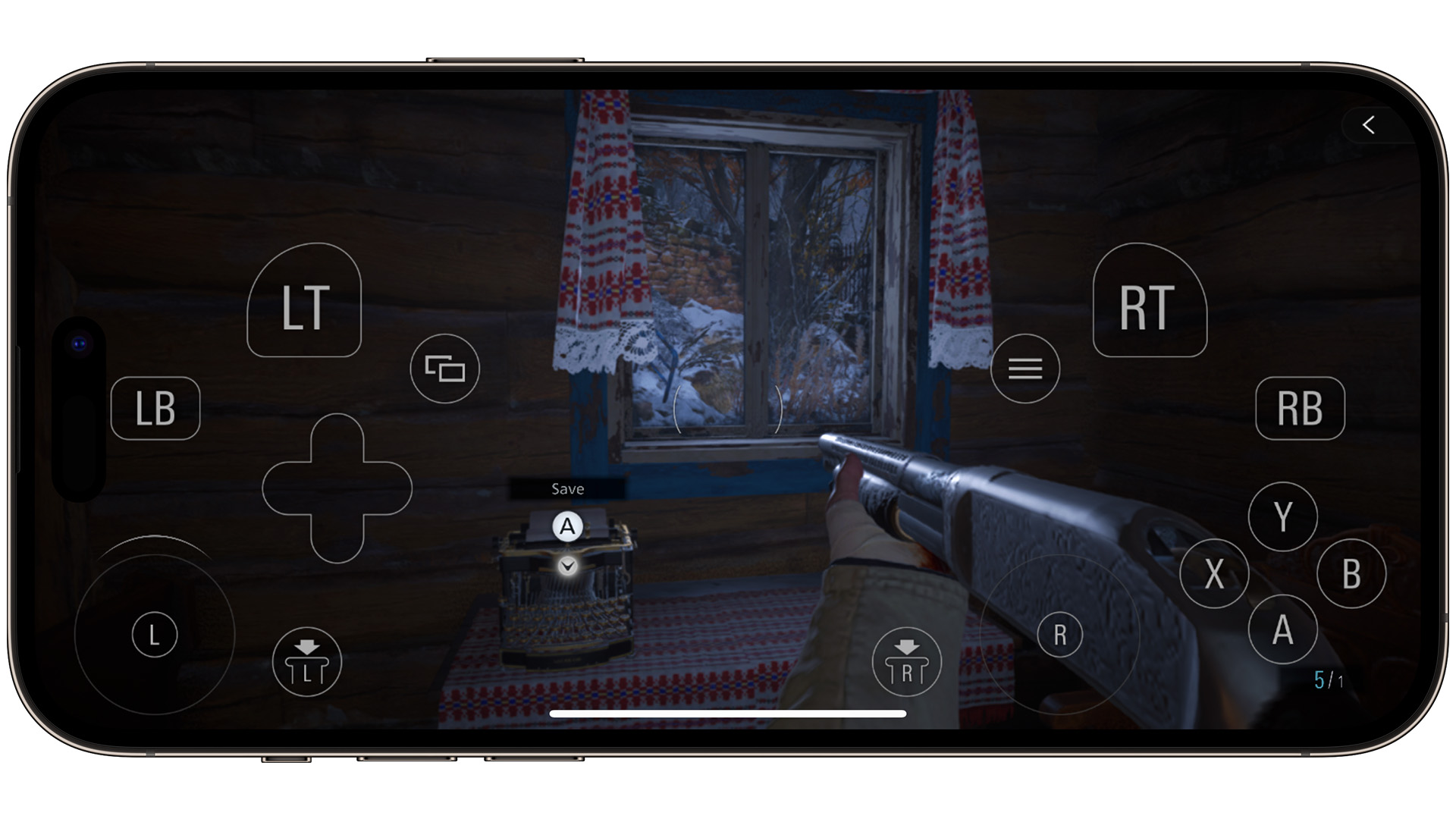 Resident Evil Village no iPhone 15 Pro Max com controles touchscreen