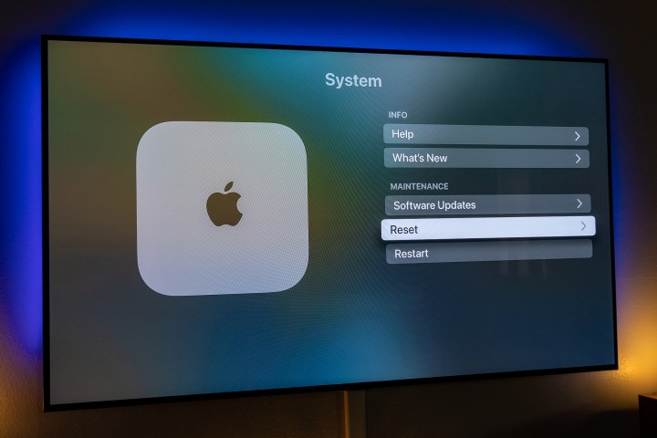 A opção de redefinição nas configurações da Apple TV.