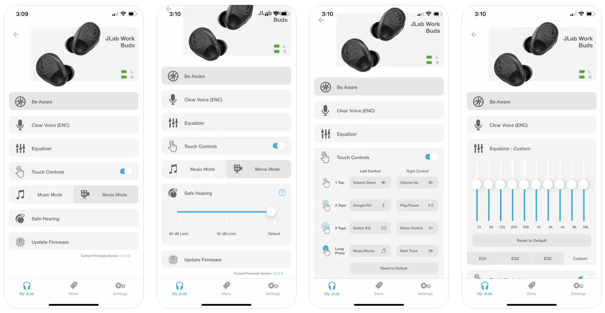 Fones de ouvido sem fio verdadeiros JLab JBuds Mini em um livro e tapete técnico, com mão e AirPods para comparação.