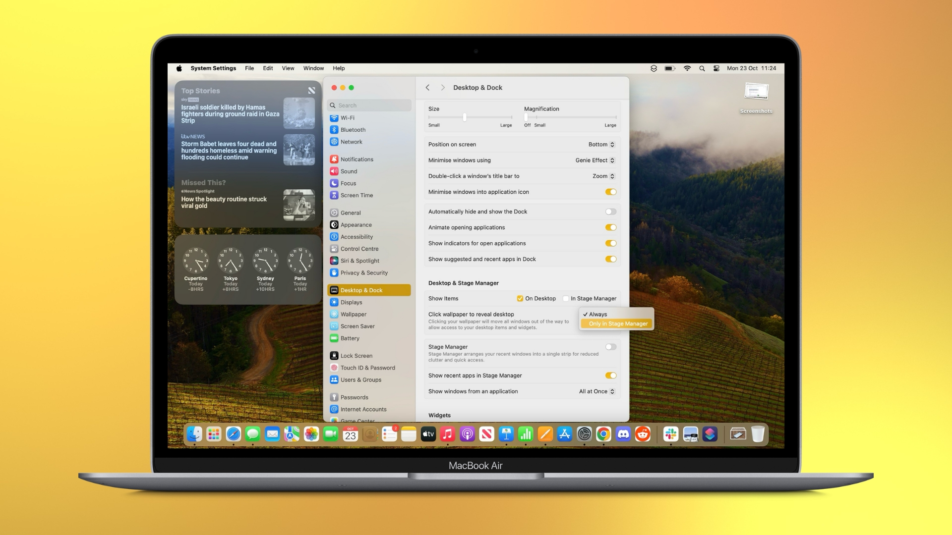 Desative o clique para revelar o desktop macOS Sonoma