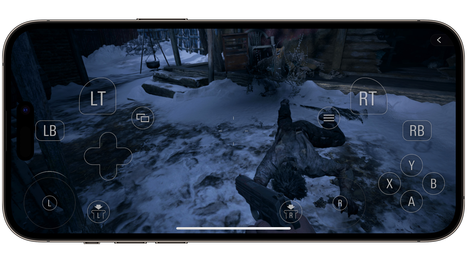 Resident Evil Village no iPhone 15 Pro Max com controles touchscreen