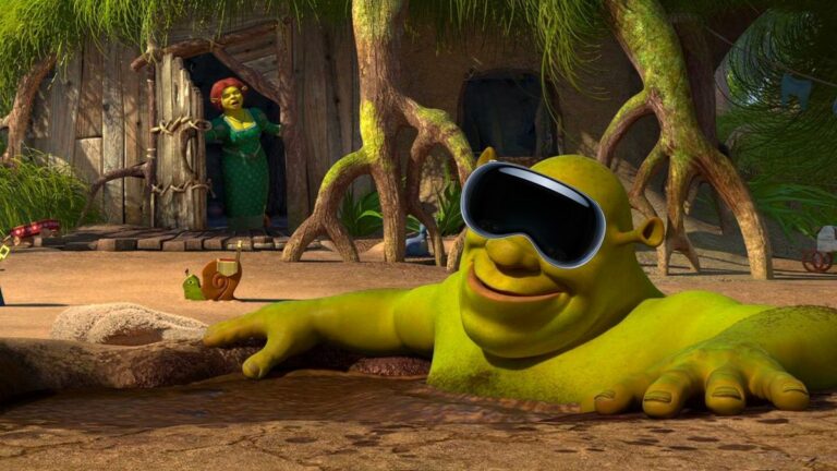 Shrek wearing apple vision pro in a hot tub