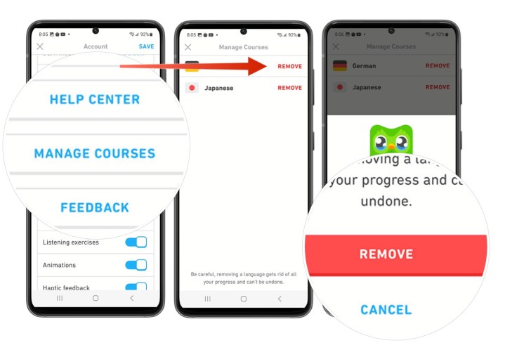 Uma captura de tela mostrando como remover um idioma do aplicativo Duolingo baseado em Android.