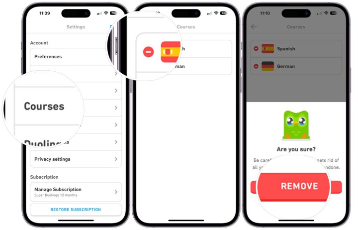Aqui estão as etapas para remover um idioma do aplicativo Duolingo para iPhone.