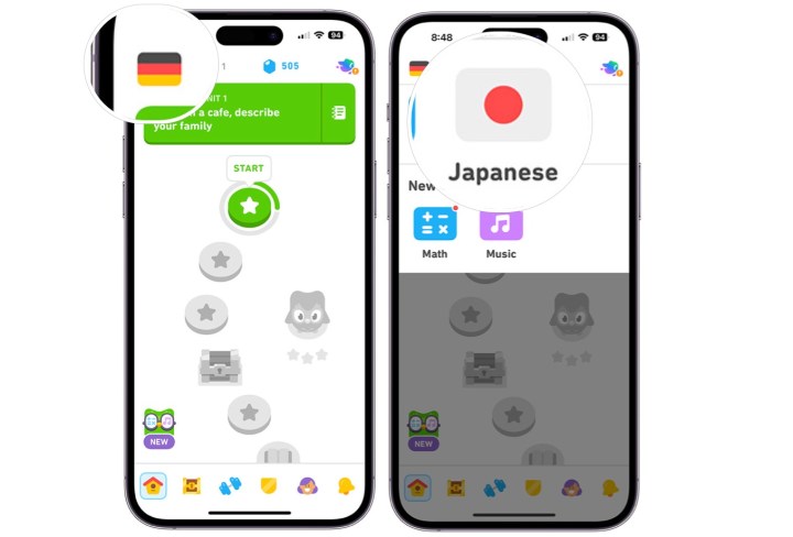 Uma captura de tela que mostra as etapas necessárias para mudar de idioma no aplicativo Duolingo. 