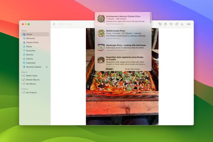 Pesquisa visual expandida no macOS Sonoma.  Um usuário está procurando receitas de pizza, que estão em uma foto.