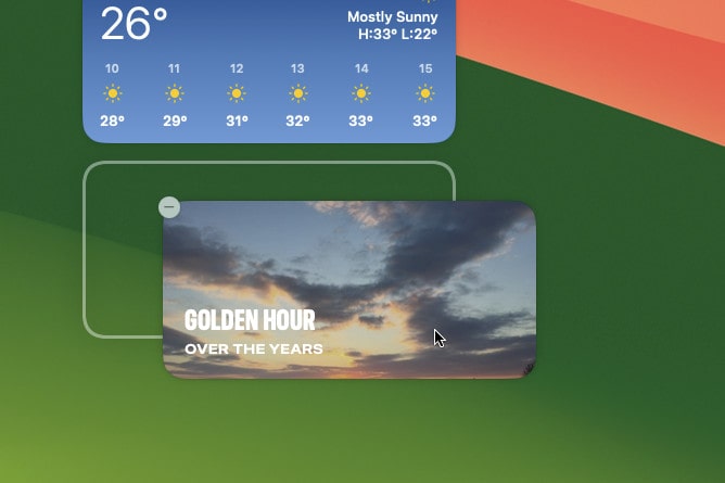 Um widget sendo instalado no macOS Sonoma.  A grade de posicionamento é mostrada abaixo do widget.