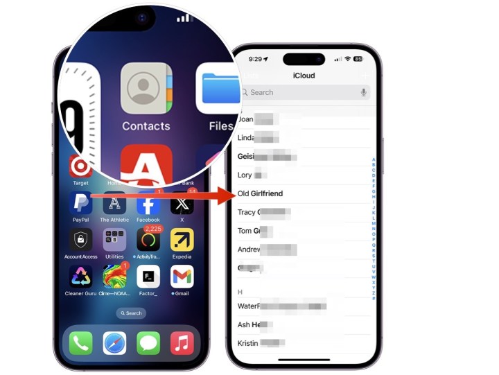 Uma captura de tela que mostra como acessar o aplicativo Contatos no iPhone e escolher um contato. 