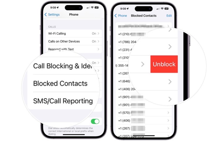 Captura de tela mostrando as etapas para desbloquear um número bloqueado no iPhone.