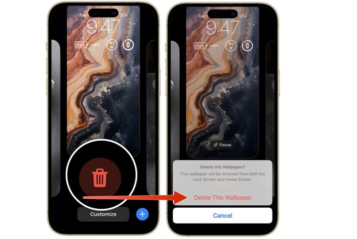 Captura de tela mostrando como excluir um papel de parede em um iPhone.