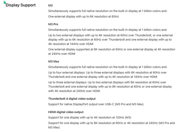 Captura de tela mostrando as opções de exibição de cada modelo de MacBook Pro.