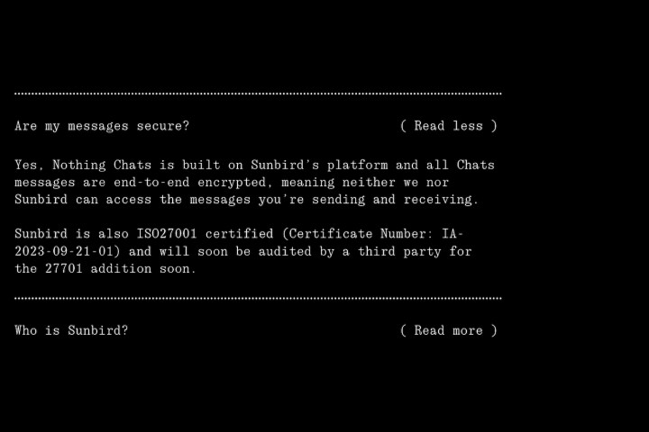 Texto retirado do site do Nothing afirmando que o aplicativo Nothing Chats é seguro.