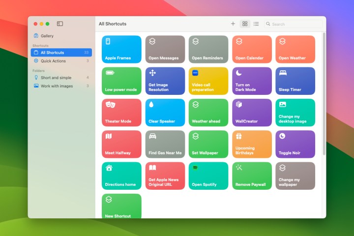 A galeria de atalhos no aplicativo Shortcuts da Apple em execução no macOS Sonoma.