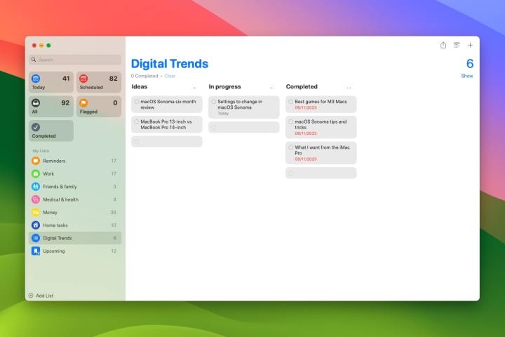 O aplicativo Lembretes no macOS Sonoma mostrando uma coluna ou visualização Kanban.