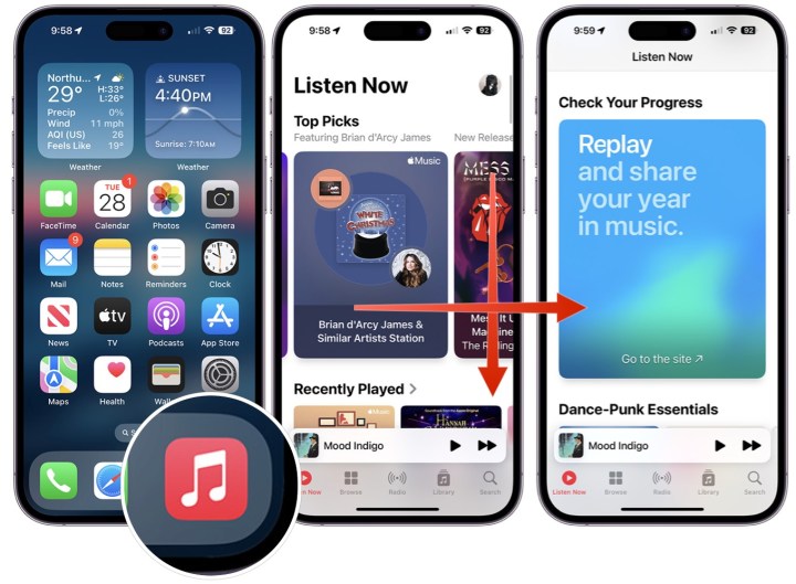 Captura de tela mostrando as etapas para abrir o Apple Music Replay 2023 em seu dispositivo móvel. 