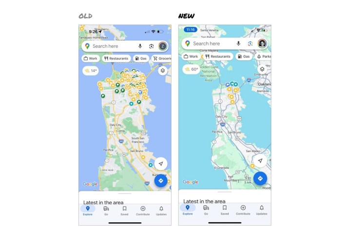 Comparação dos esquemas de cores antigos e novos do Google Maps em 2023.