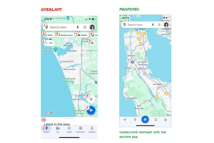 Comparação do redesenho existente do Google Maps e do novo design proposto.