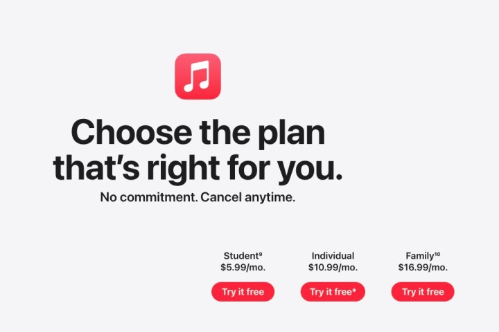 Uma captura de tela dos preços da Apple Music em novembro de 2023.