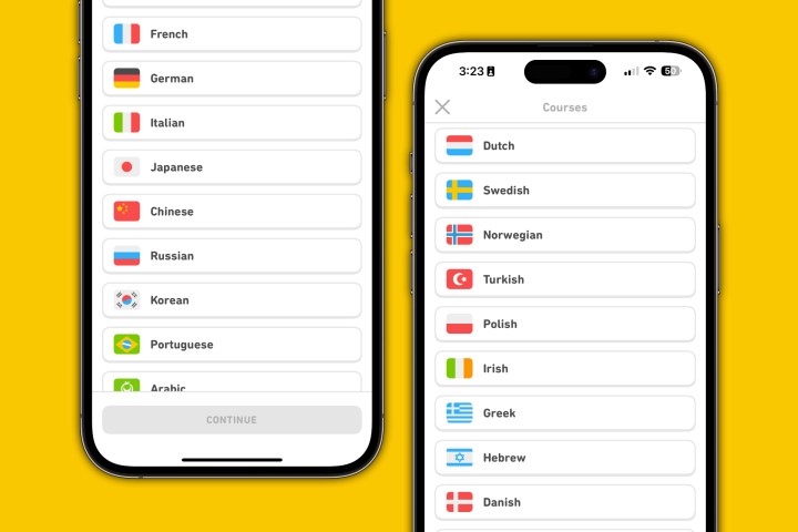 Cursos e idiomas no aplicativo Duolingo.