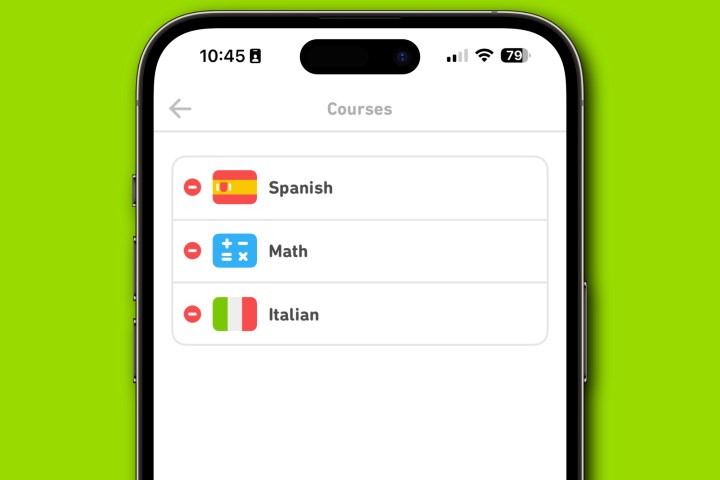 O aplicativo Duolingo mostrando como remover um curso/idioma.