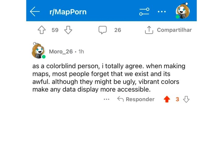 Postagem no Reddit de um usuário comentando sobre o redesenho do Google Maps e usuários daltônicos.