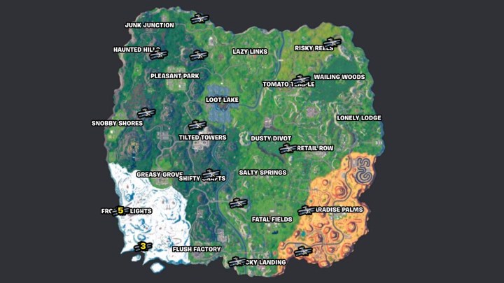 Um mapa de onde encontrar aviões no mapa Fortnite OG.