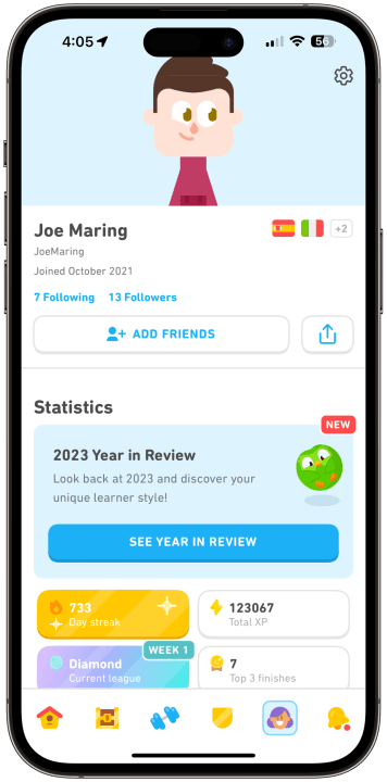 Uma captura de tela do Duolingo Year in Review 2023 rodando em um iPhone.