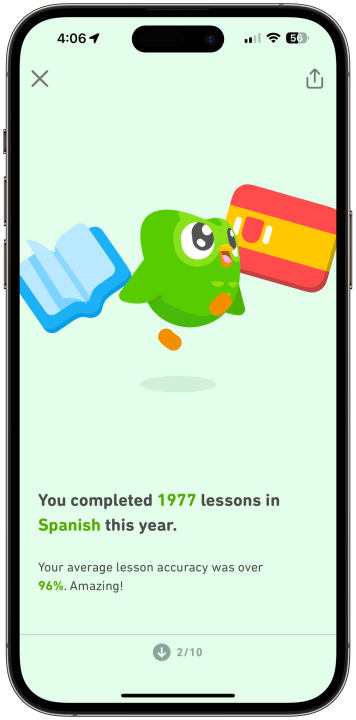 Uma captura de tela do Duolingo Year in Review 2023 rodando em um iPhone.