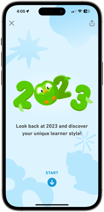 Uma captura de tela do Duolingo Year in Review 2023 rodando em um iPhone.